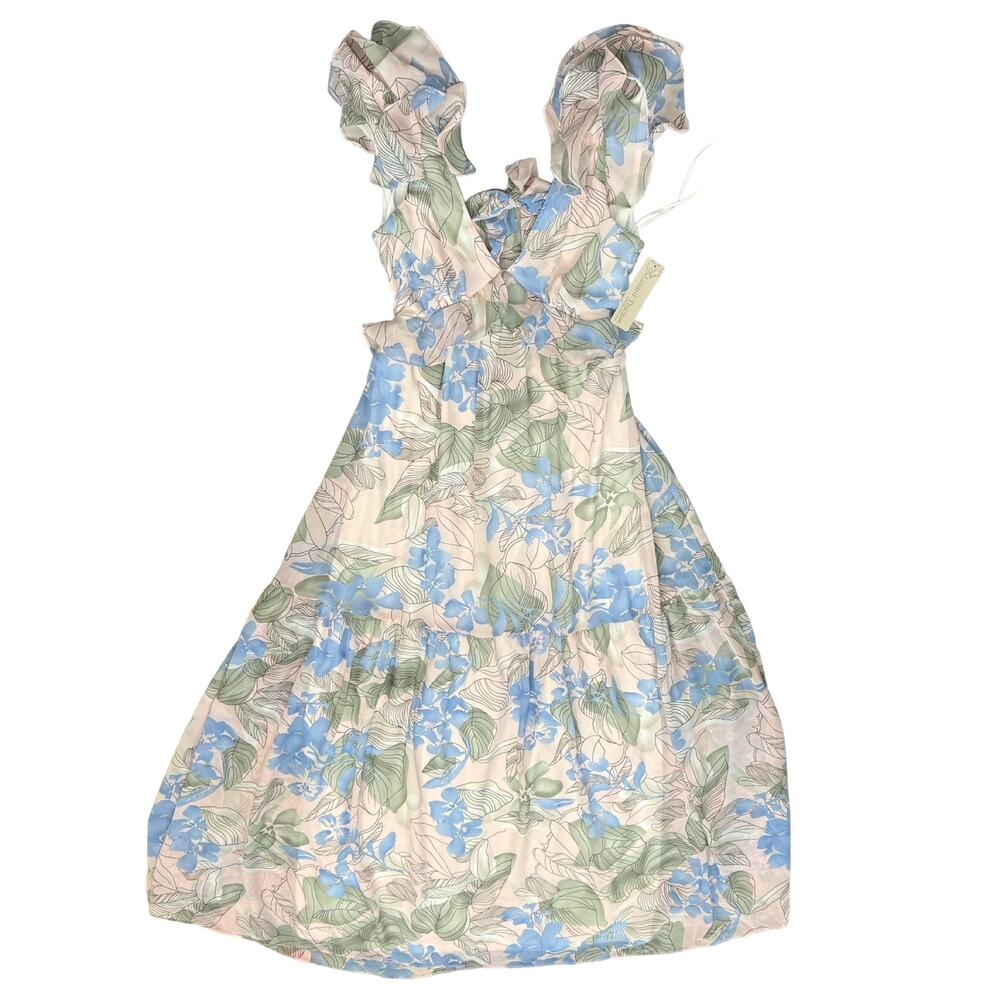 Big Water Blue Sky Pink Blue Green Floral Flutter Tie Back Maxi Dress S NEW Tags - Picture 3 of 15